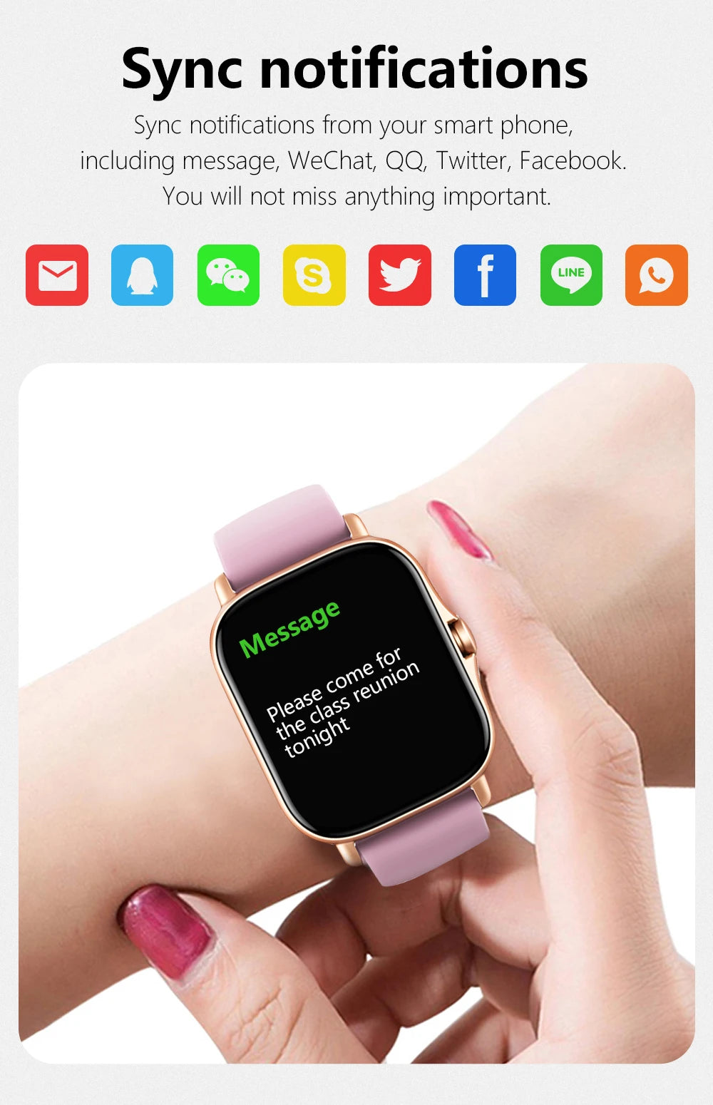 Cedar & Moore smart watch with pink strap, gold square case, 1.4-inch OLED display showing a message