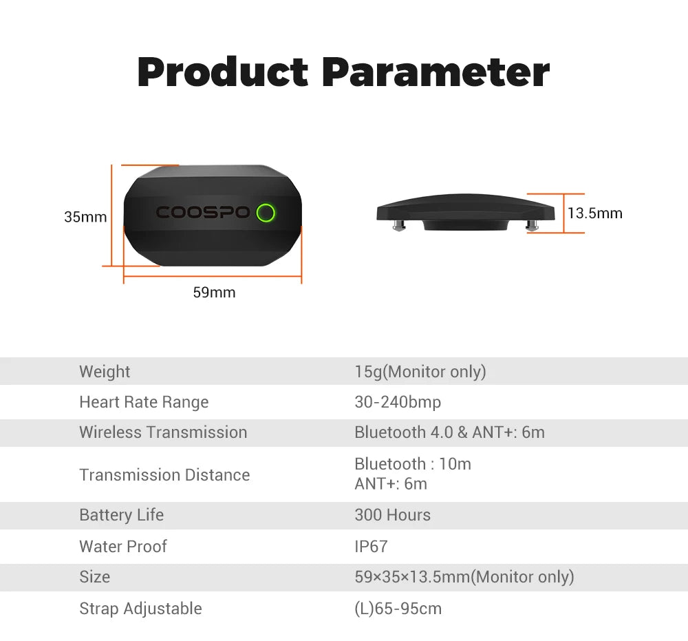 Heart rate monitor size diagram with strap dimensions and technical specs table