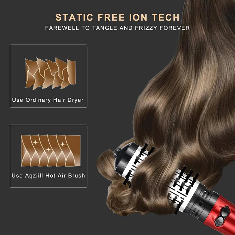 Red rotating hot air brush styling tool gripping hair with bristle barrel