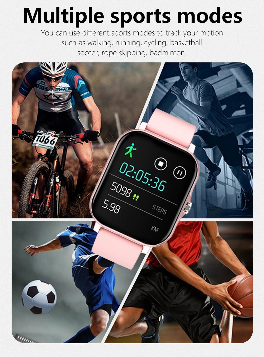 Cedar & Moore smart watch with pink strap and 1.4-inch OLED display showing fitness stats