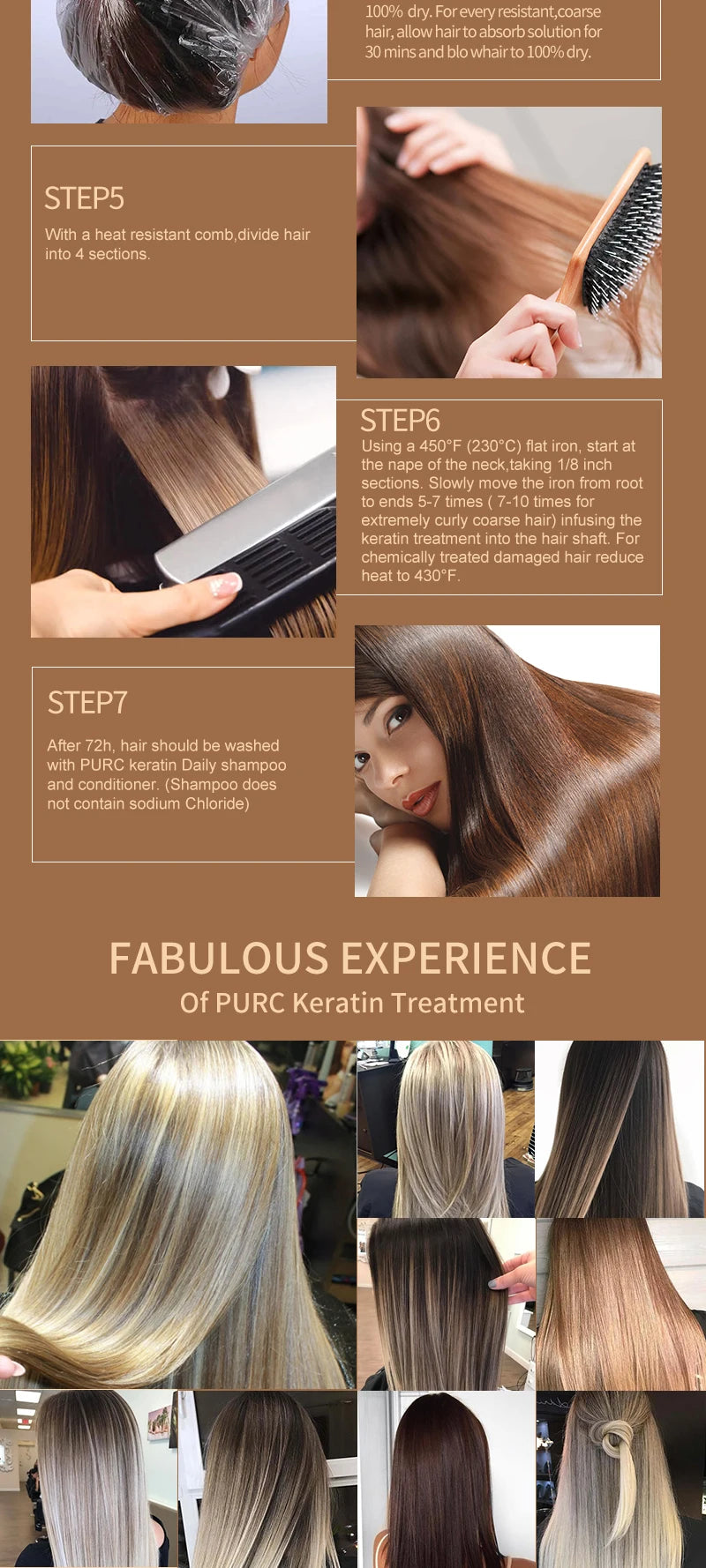 Keratin treatment infographic with steps and smooth treated hair results