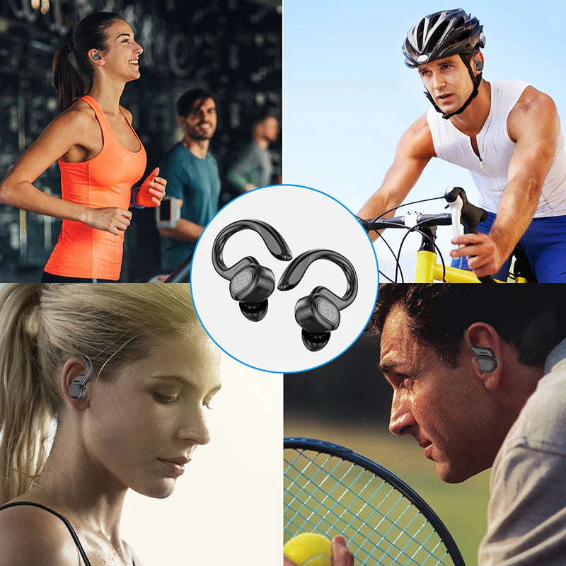 Sports wireless earhook earbuds set with secure ear tips, dark black