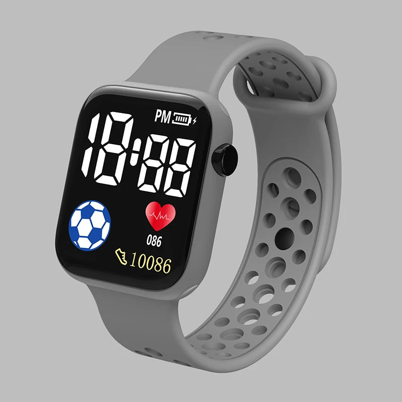 Kids LED digital watch with silicone strap, gray case and band, black display screen