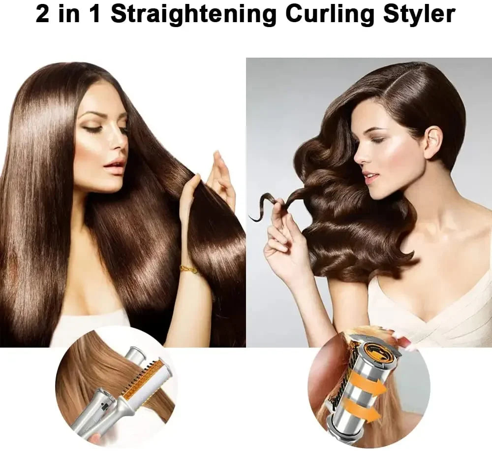 Professional 2-in-1 Rotating Hair Curler & Straightener - Electric Styling Brush for Curls & Sleek Styles
