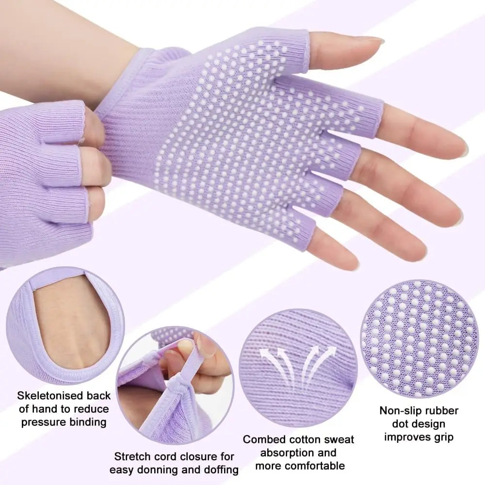 Lavender half-finger gloves with dotted anti-slip palm and exposed fingertips