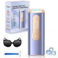 IPL hair removal device in box with goggles and blue cartridge, blue body with gold trim
