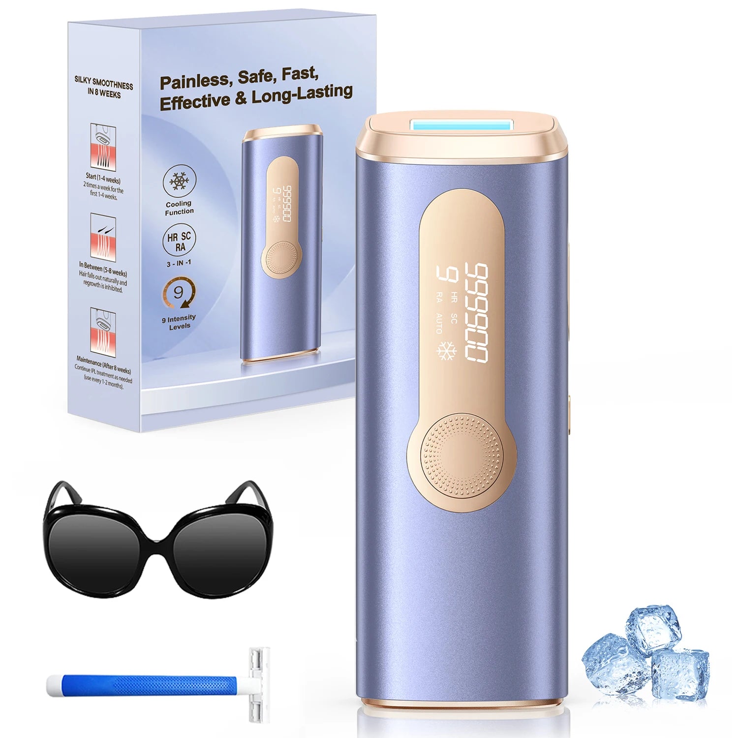 IPL hair removal device in box with goggles and blue cartridge, blue body with gold trim