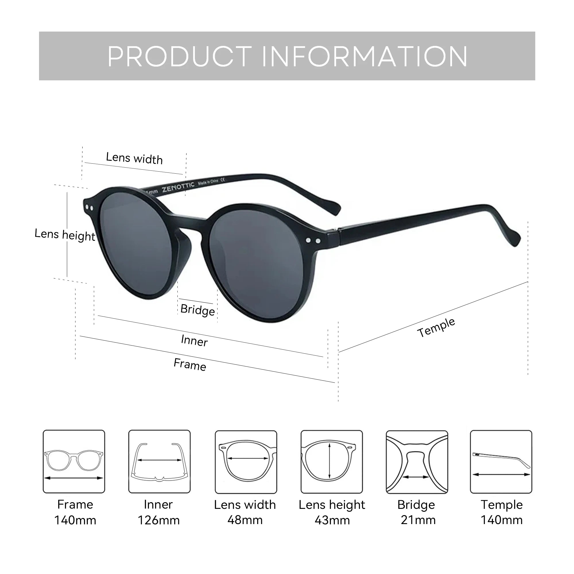 Small round retro sunglasses with black frame and dark gray lenses, UV400 protection.