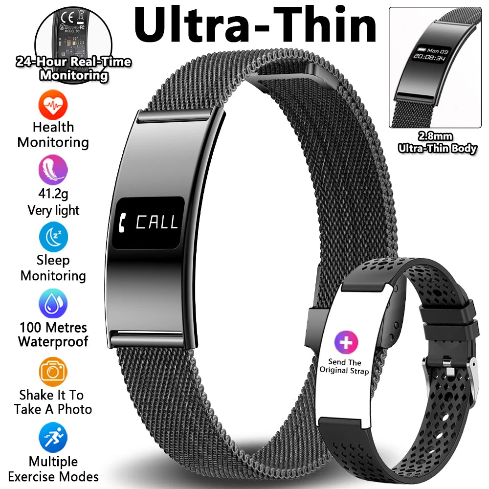 Smart fitness tracker bracelet with dark metal mesh band and slim display bezel