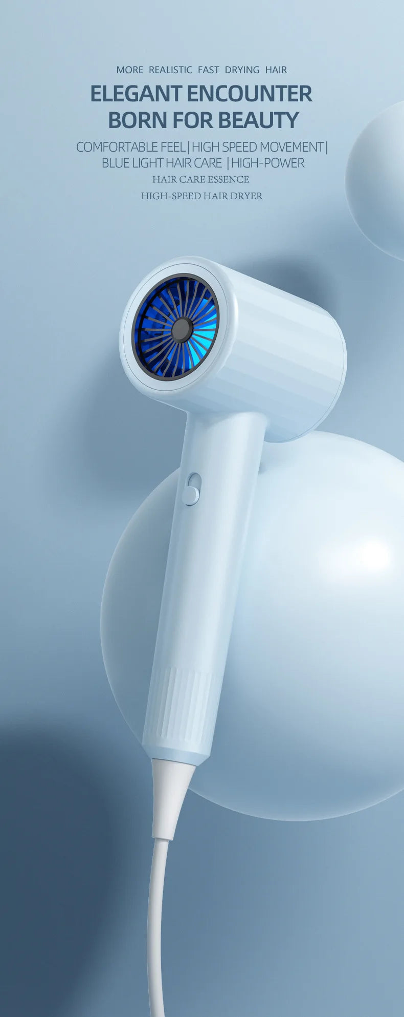 Light blue hair dryer with curved handle and front circular vent grille
