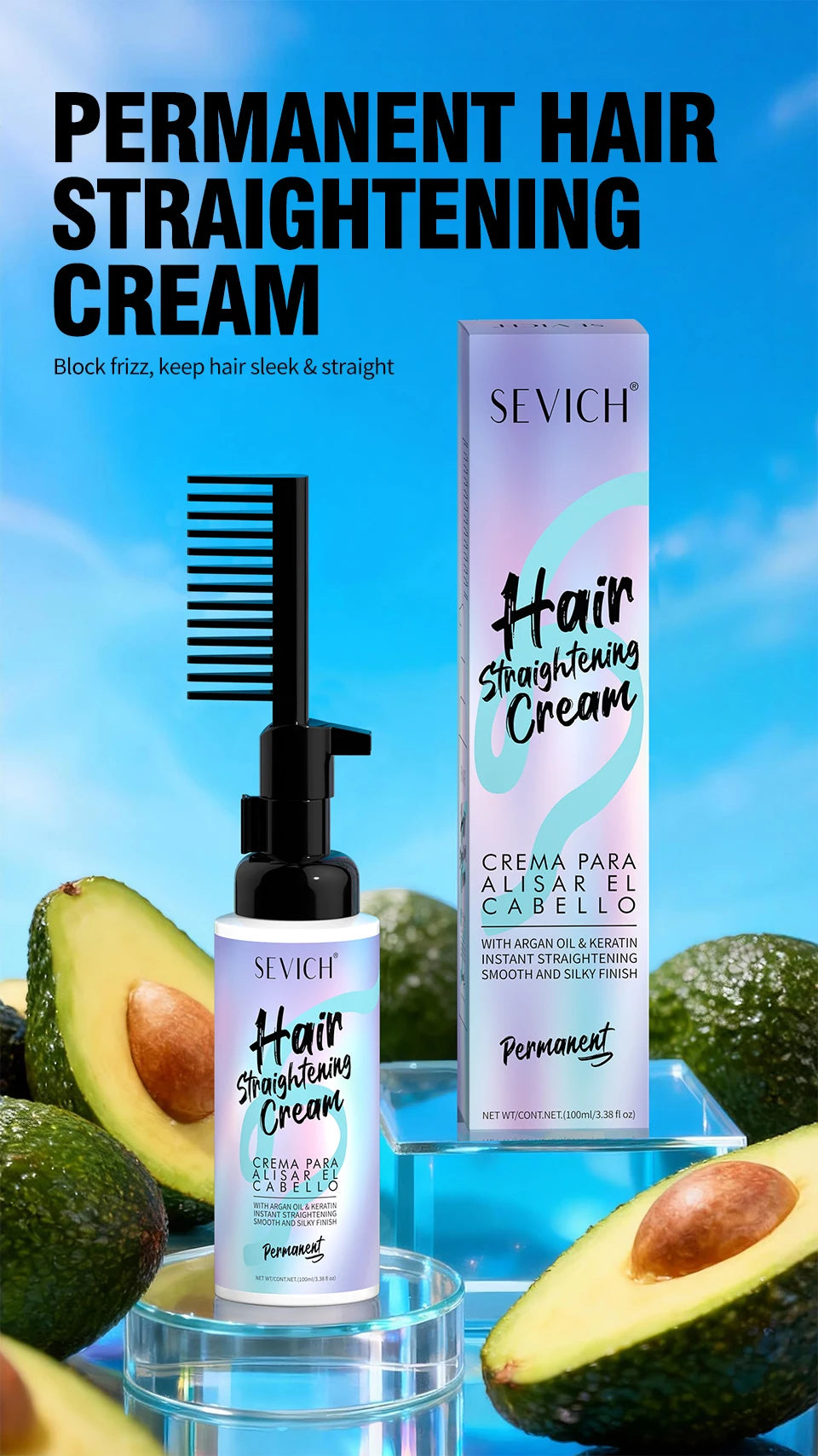 Sevich Hair Straightening Cream with Comb bottle and box, 100 ml, blue-purple label, salon hair treatment