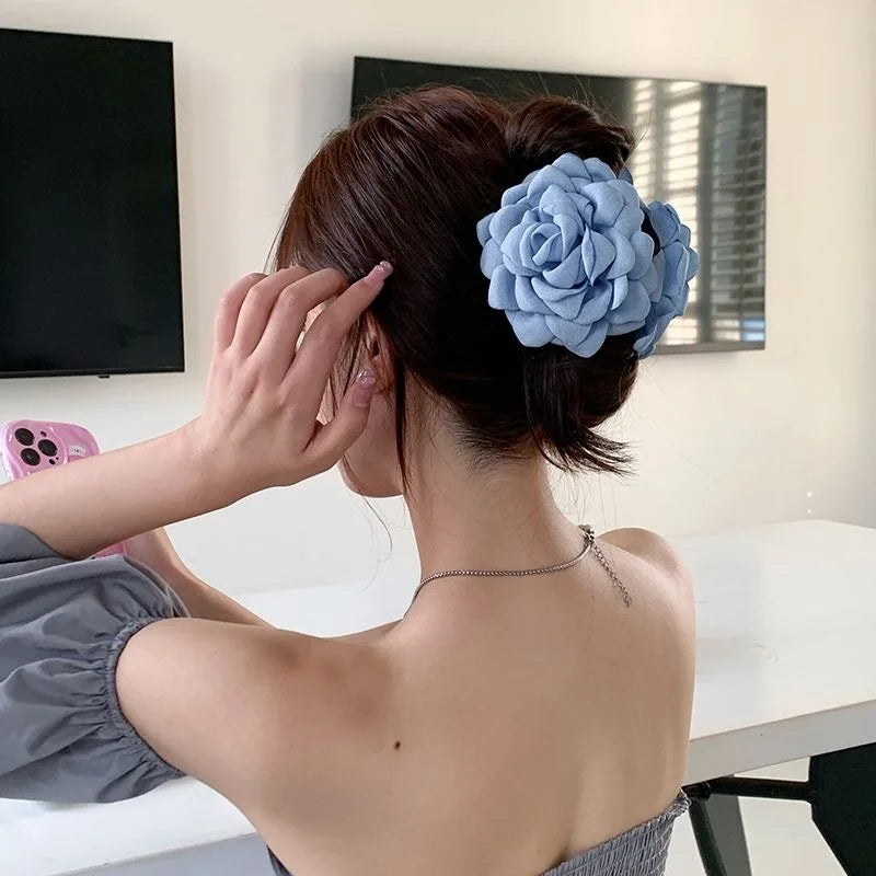 Blue fabric rose hair claw clip barrette