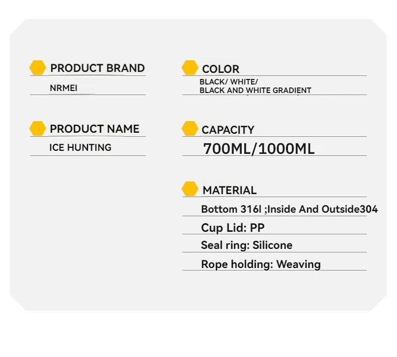 Insulated bottle product label layout showing color, capacity, and material details