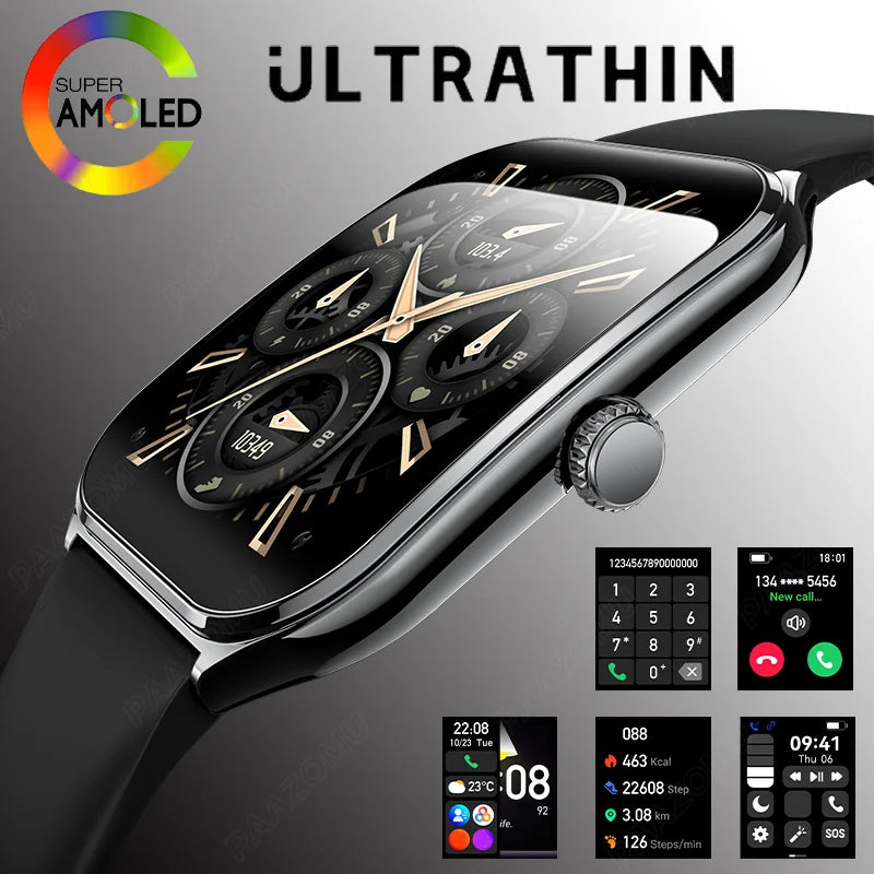 Ultra-thin smart watch with black silicone strap and curved AMOLED display