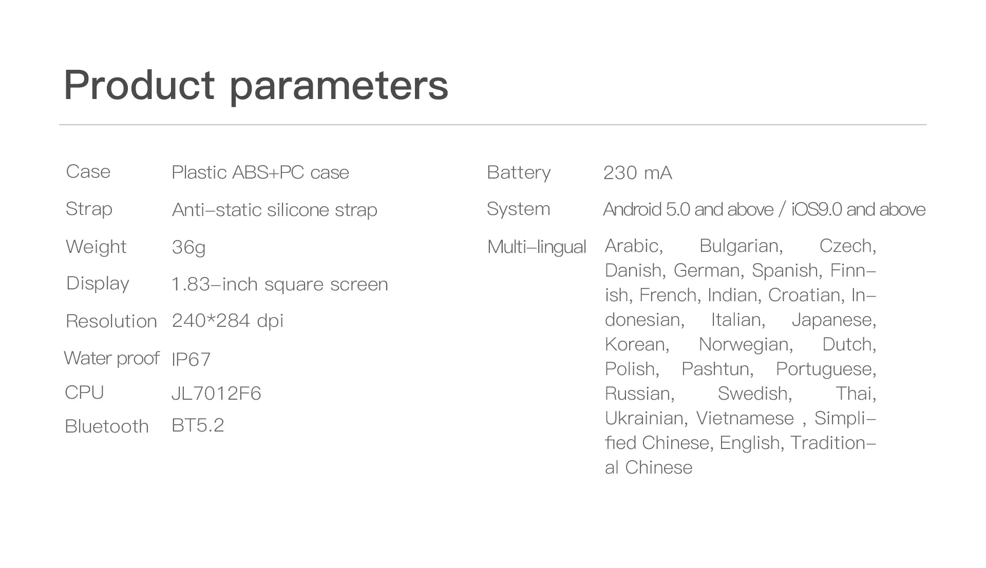 Smartwatch product parameters table with specs for case, strap, battery, and waterproof rating