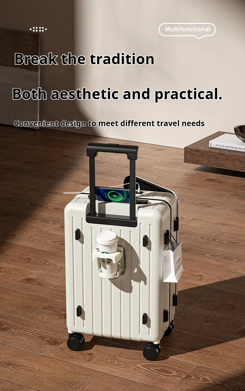 White rolling suitcase with cup holder compartment and front access panel, standing upright