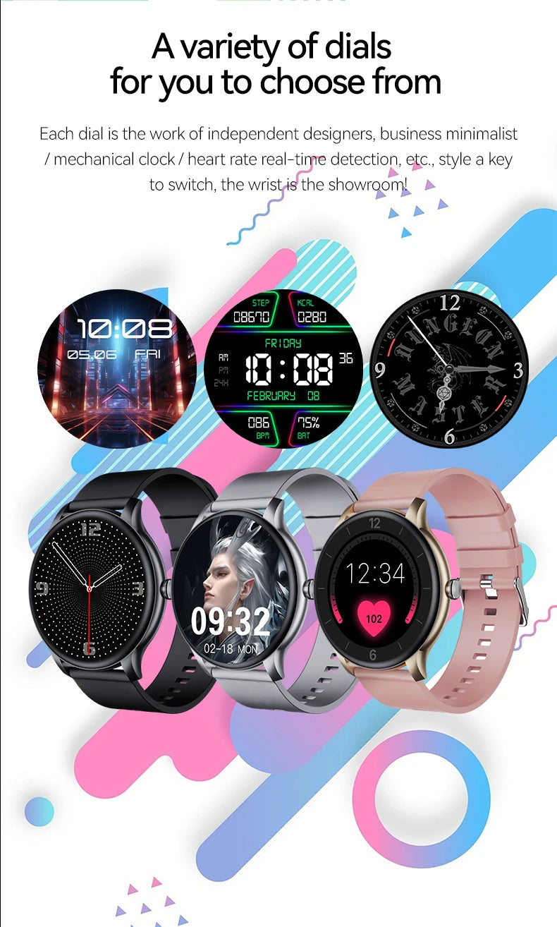 LAXASFIT GT2 smart watches by Cedar & Moore, four variants black, silver, rose-gold and pink with varied dials