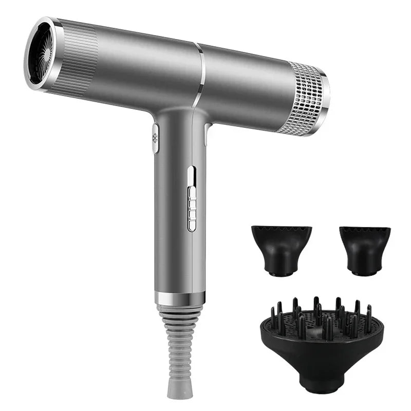 Silver hair dryer with two black nozzle tips and a black diffuser attachment