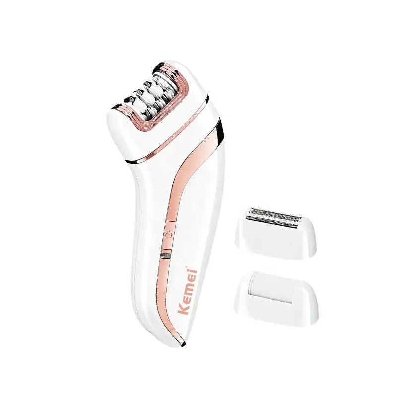 White and rose-gold electric epilator with protective caps and mounted roller head