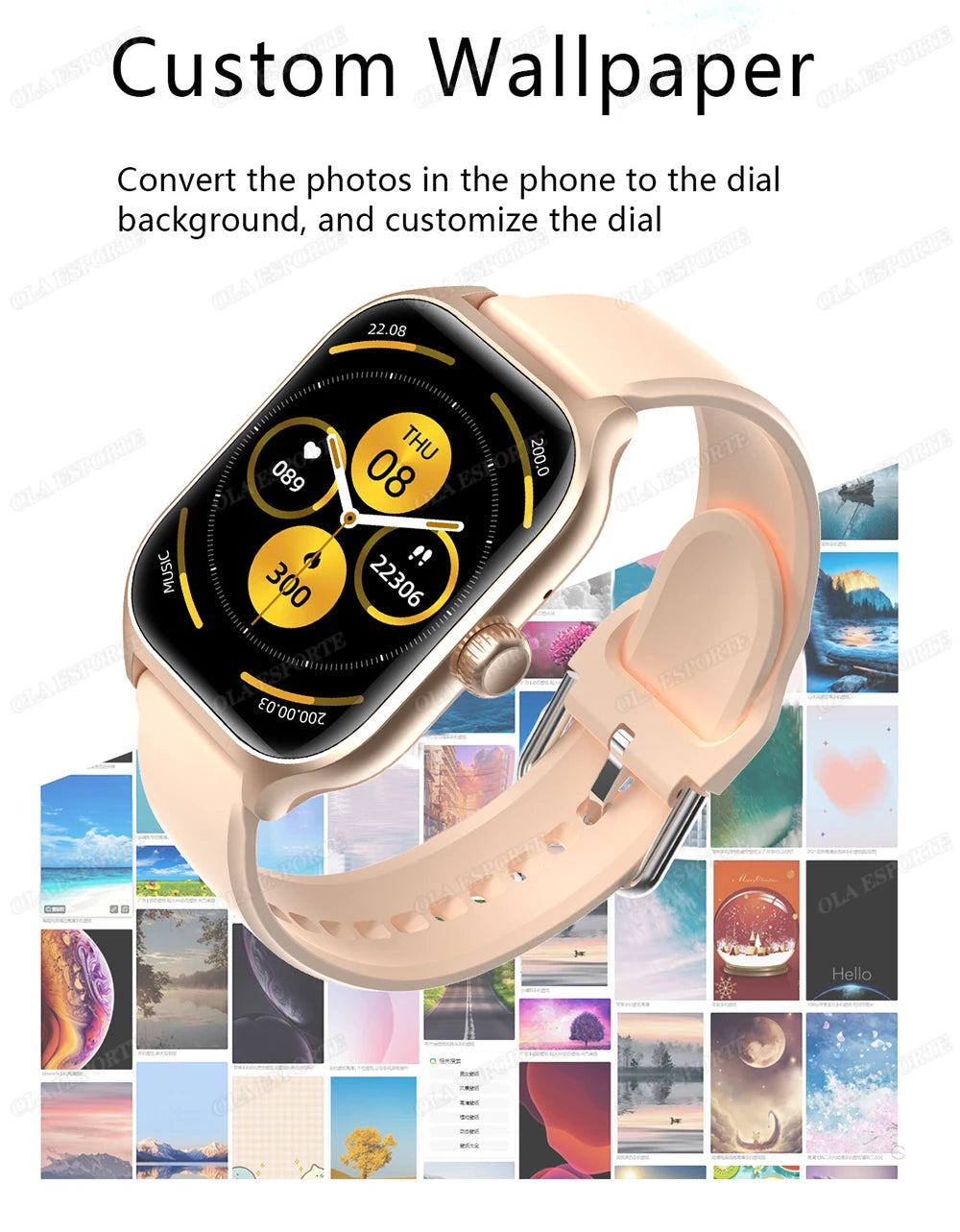 Smart Watch with pink band and rose-gold case, Bluetooth calling, heart rate and blood pressure monitoring.