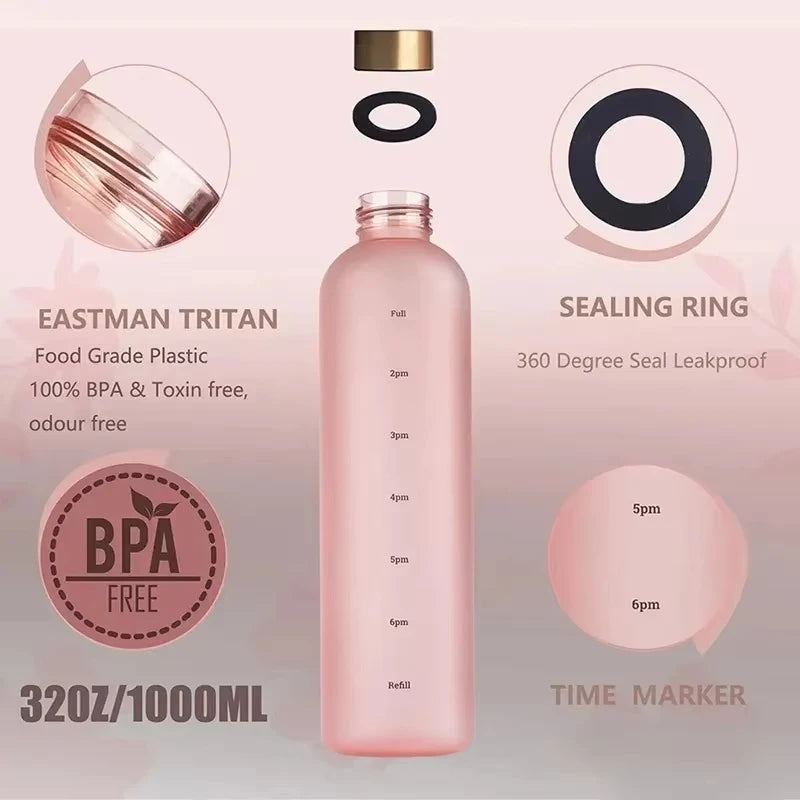1 Liter Motivational Water Bottle with Time Markers - Sports Hydration Tracker