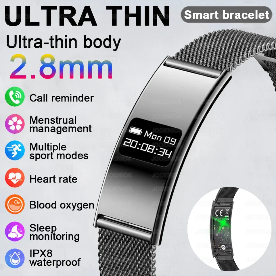 Smart fitness tracker bracelet, metal mesh strap, rectangular OLED display