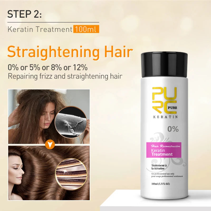 Keratin treatment bottle for straightening with a step label and smoothing hair graphic.