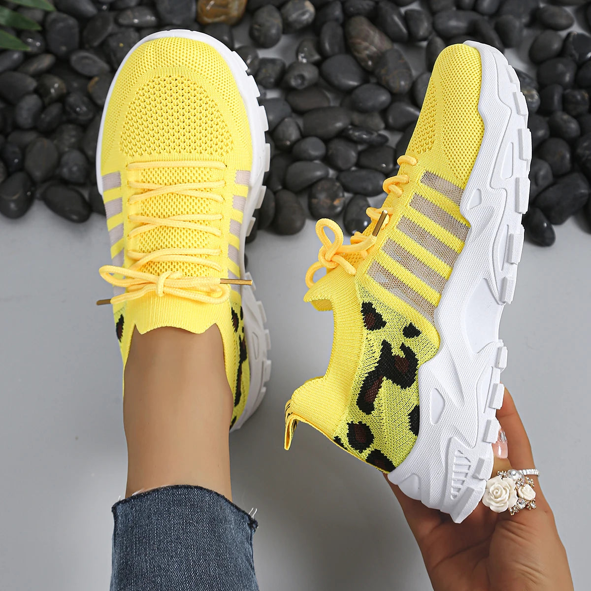 Women's leopard-print athletic sneakers by Cedar & Moore, yellow knit upper, thick white sole