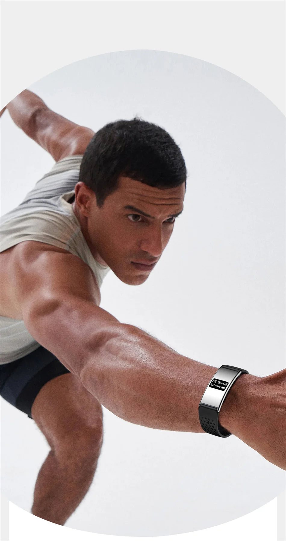 Fitness tracker bracelet with black display and black band on wrist