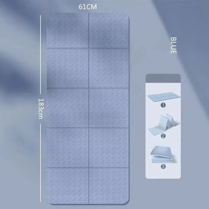 Foldable blue TPE yoga mat, 4mm, textured non-slip surface, folded for portability.