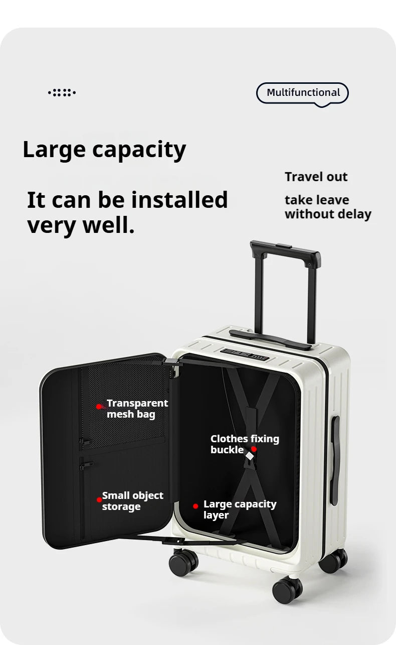 Large-capacity suitcase with front opening and visible interior mesh storage