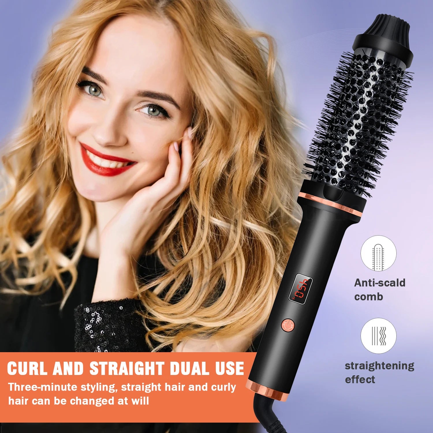 Hair Curling Brush - Ceramic Ionic Hot Brush with Anti-Scald Technology & Fast Heating