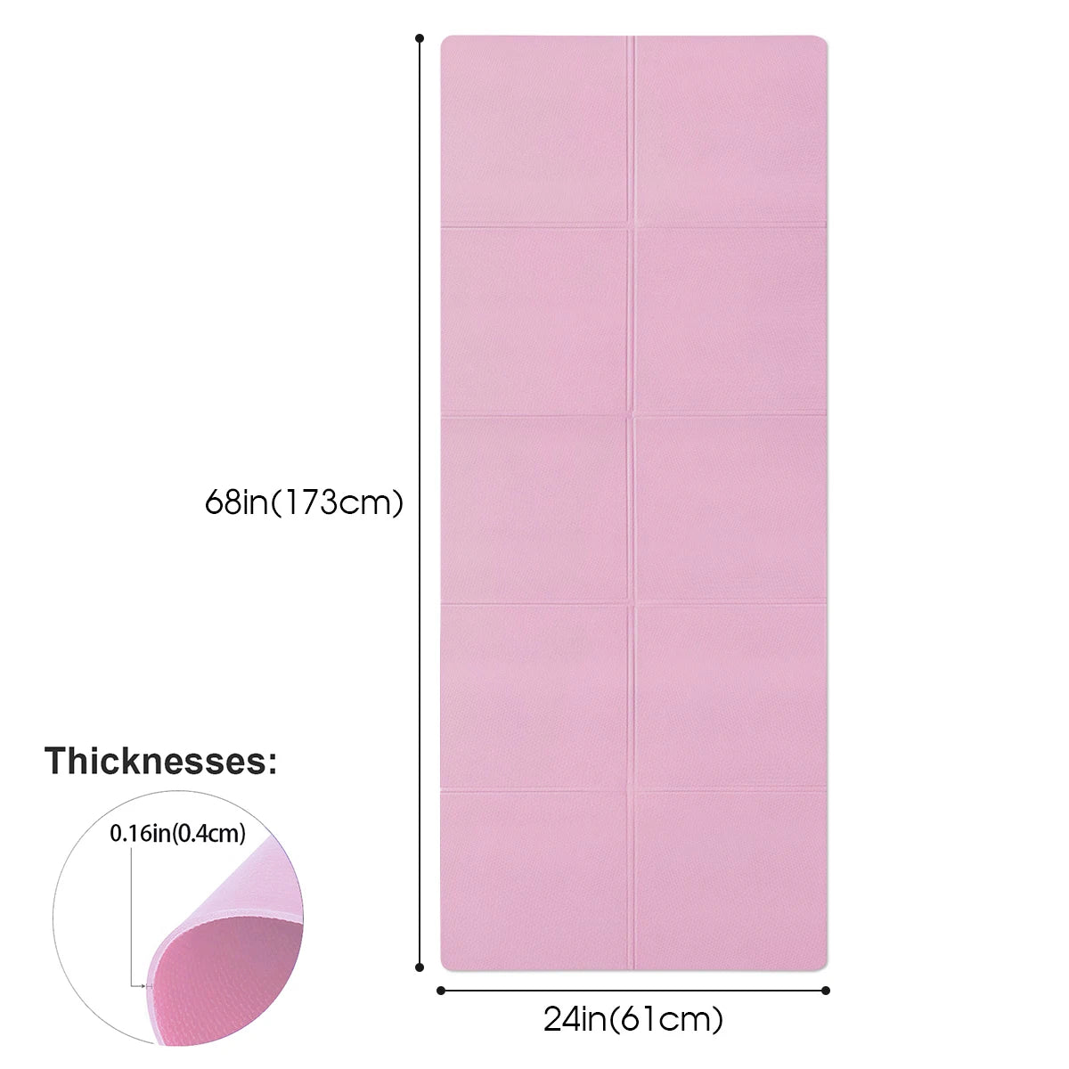 Pink 4mm EVA yoga mat with length and thickness size diagram