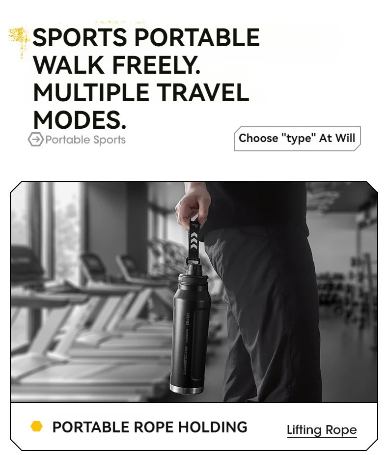 Insulated stainless steel sports bottle with carrying rope handle