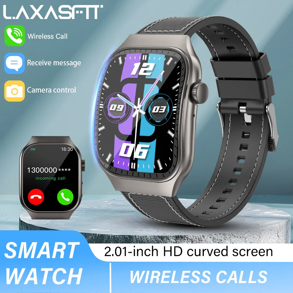 LAXASFIT H7 Smart Watch with curved 2.01-inch AMOLED display and gray strap