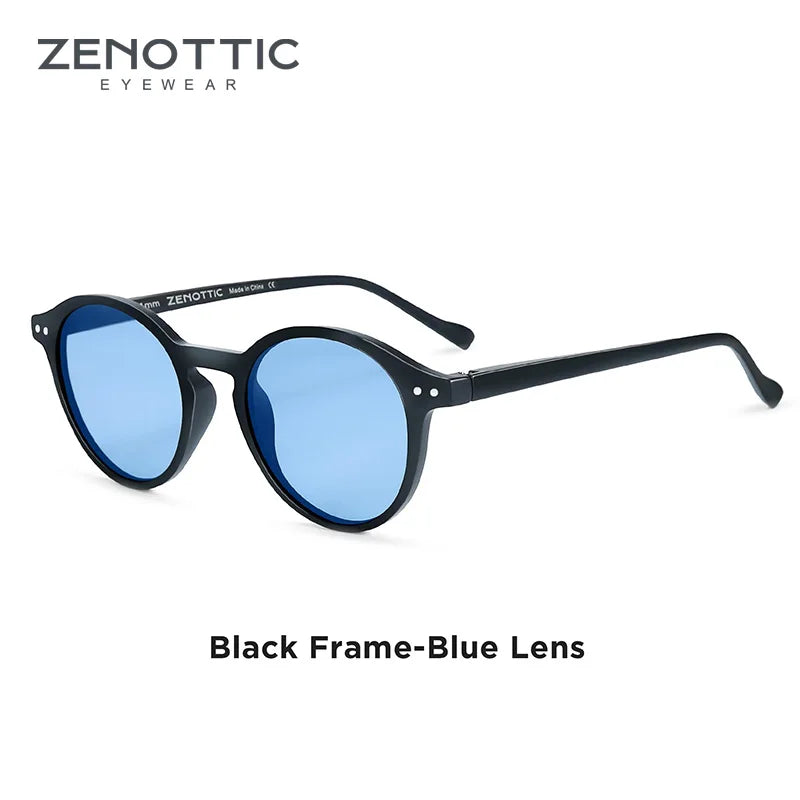 Retro small round sunglasses, blue lenses, black frame with dark accents