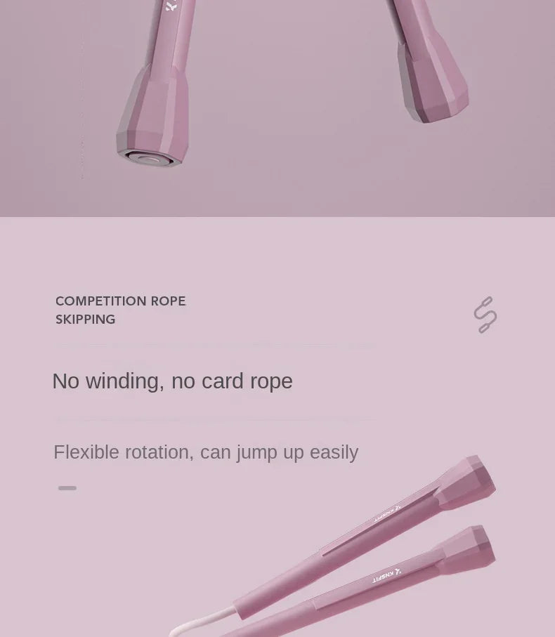 Jump rope handle ends with light purple grips, close-up