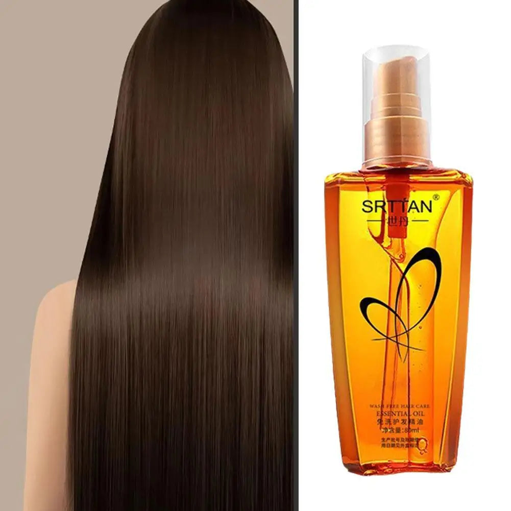 Hair serum bottle with white pump next to long straight dark hair.