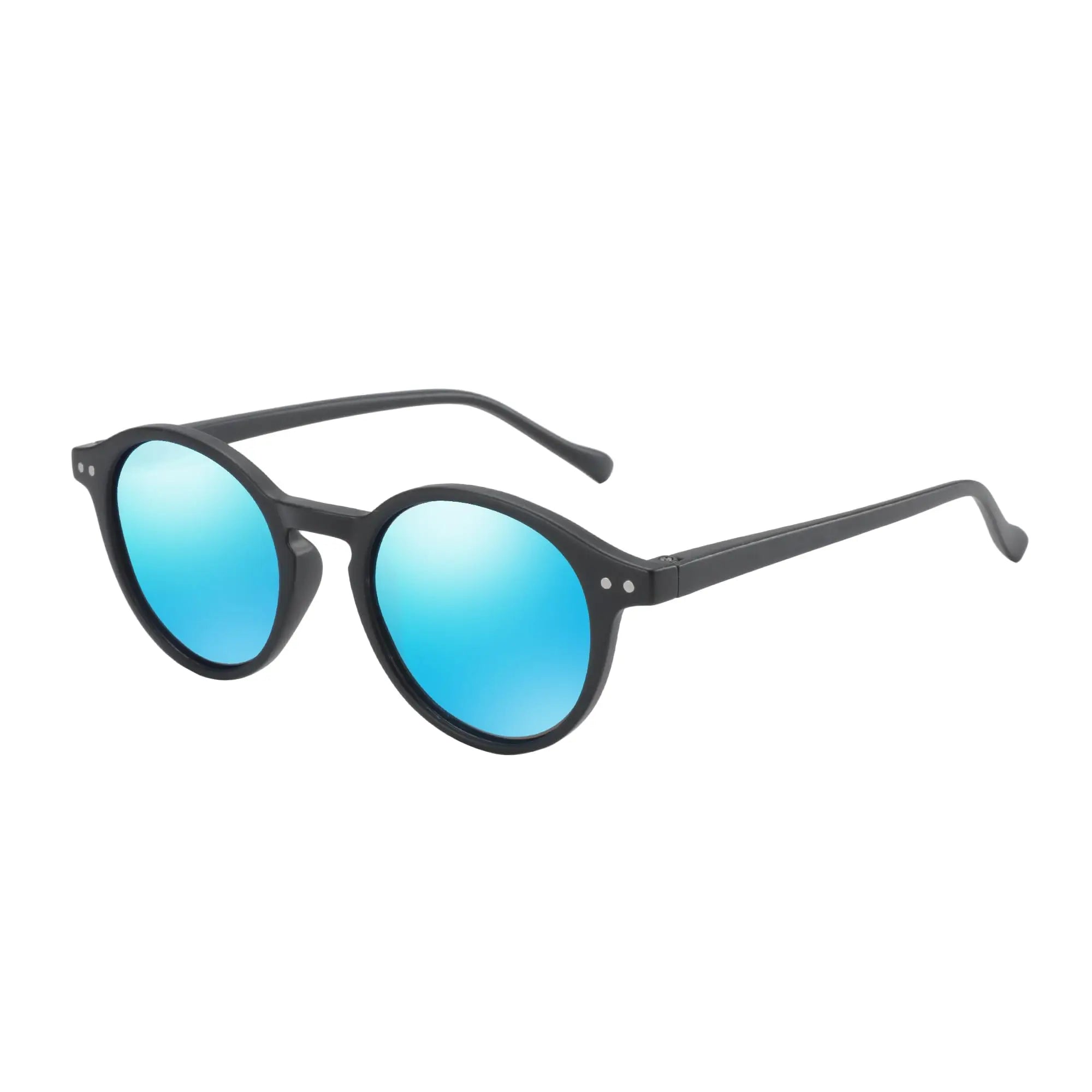 Small round retro polarized sunglasses, dark frame, blue mirrored lenses