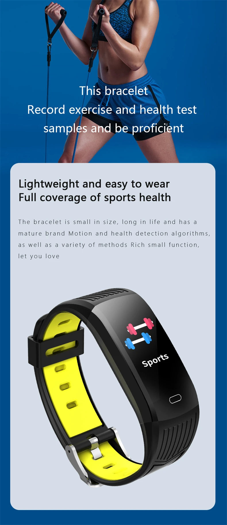 Sport smart watch with black band and yellow highlight, featuring health and workout features