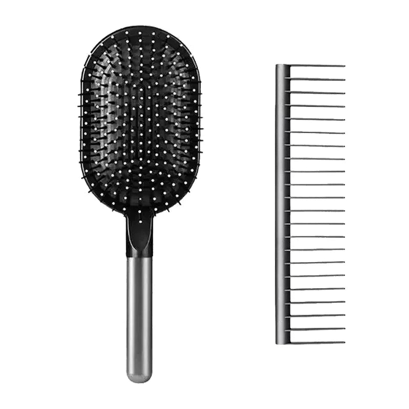 Airbag hair brush with silver handle and black pin massage head