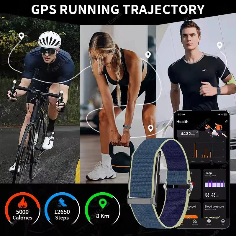 Blue fabric smart fitness tracker bracelet with dark watch display and fitness stats screen