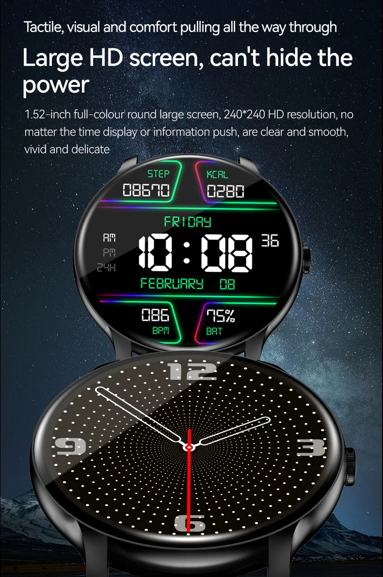 LAXASFIT GT2 Smart Watch, two black round watches with 1.52-inch HD touchscreens