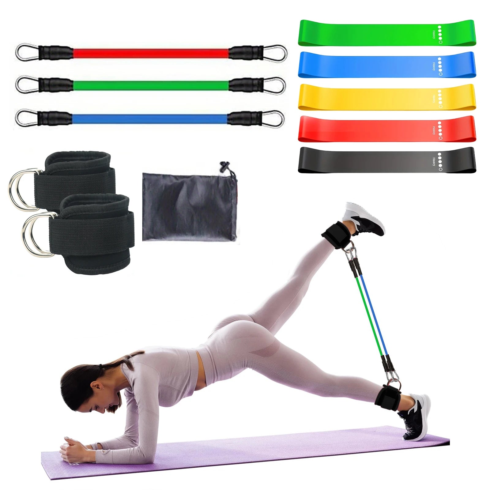 Multi-color resistance band set with black ankle cuffs and hip trainer, shown in use