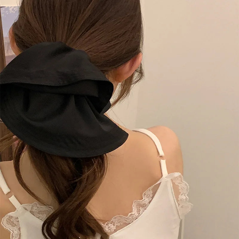 Black Pleated Large Hair Scrunchies - Elegant Fabric Ponytail Holders