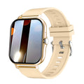 Gold-tone mini smart watch with square touchscreen and light gold silicone band.