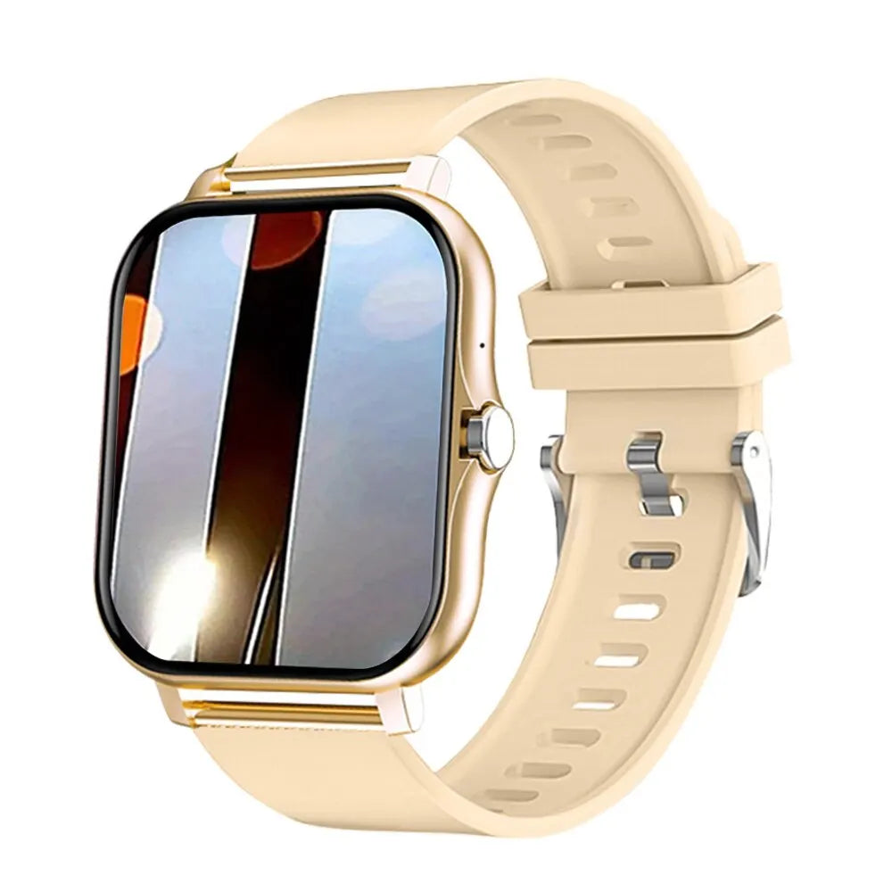 Gold-tone mini smart watch with square touchscreen and light gold silicone band.
