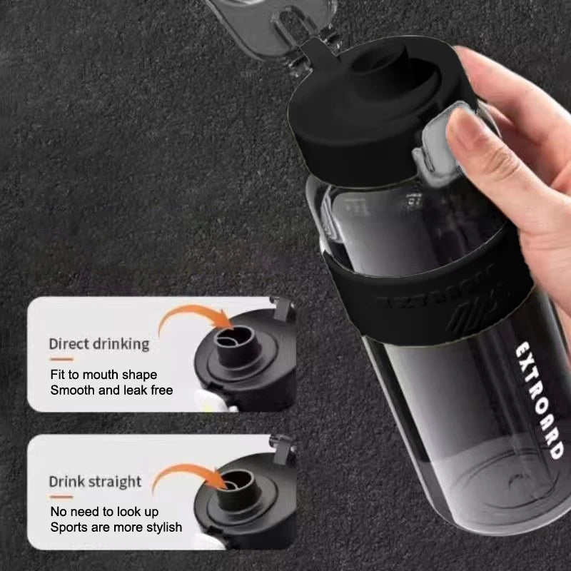 Sports water bottle with flip-top lid and straw spout, thick dark cup body