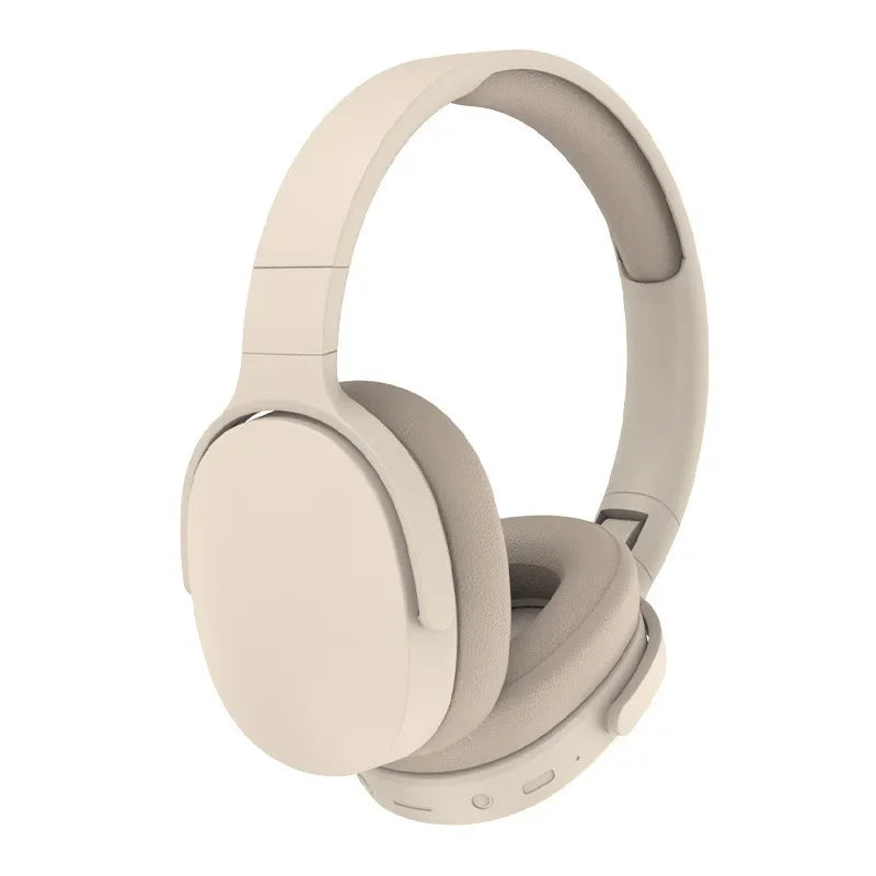 Bluetooth sports headphones, over-ear design in light beige with padded headband and cups