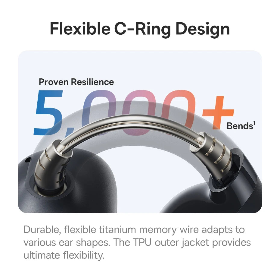 Black open-ear clip earbuds with flexible C-ring design arc